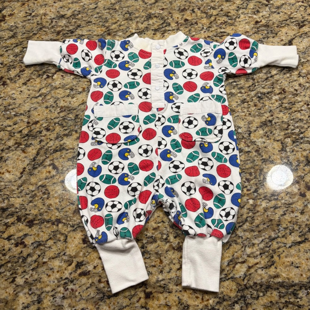 Vintage Sears Kids More Sports Print Baby Romper 12 Months White 90s One Piece